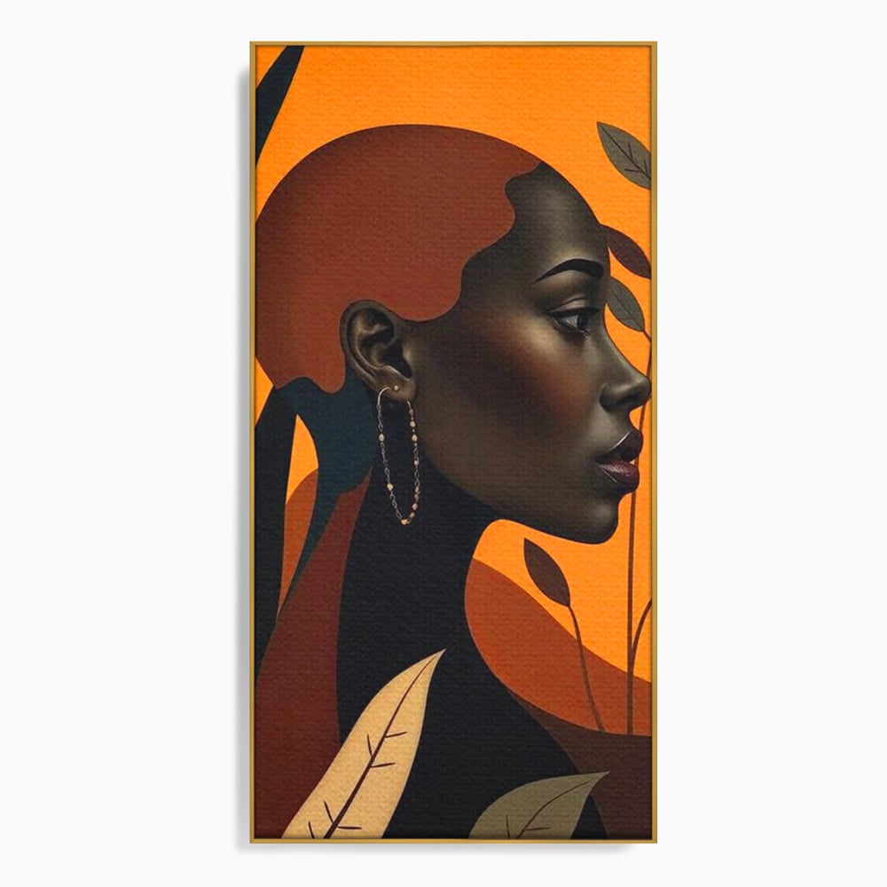 Tablou canvas cu ilustratie digitala cu profil de femeie, in rama de aluminiu auriu